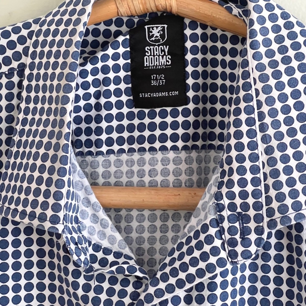 Mens Polka Dot Shirt 17.5 36/37 Dress Long Sleeve Navy Blue White‎ Mod Retro